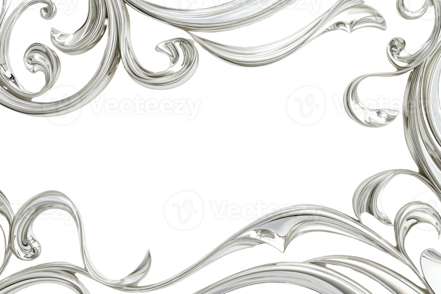 Elegant silver ornamental frame with intricate swirls and curls on a transparent background, perfect for decorative design and festive projects. png