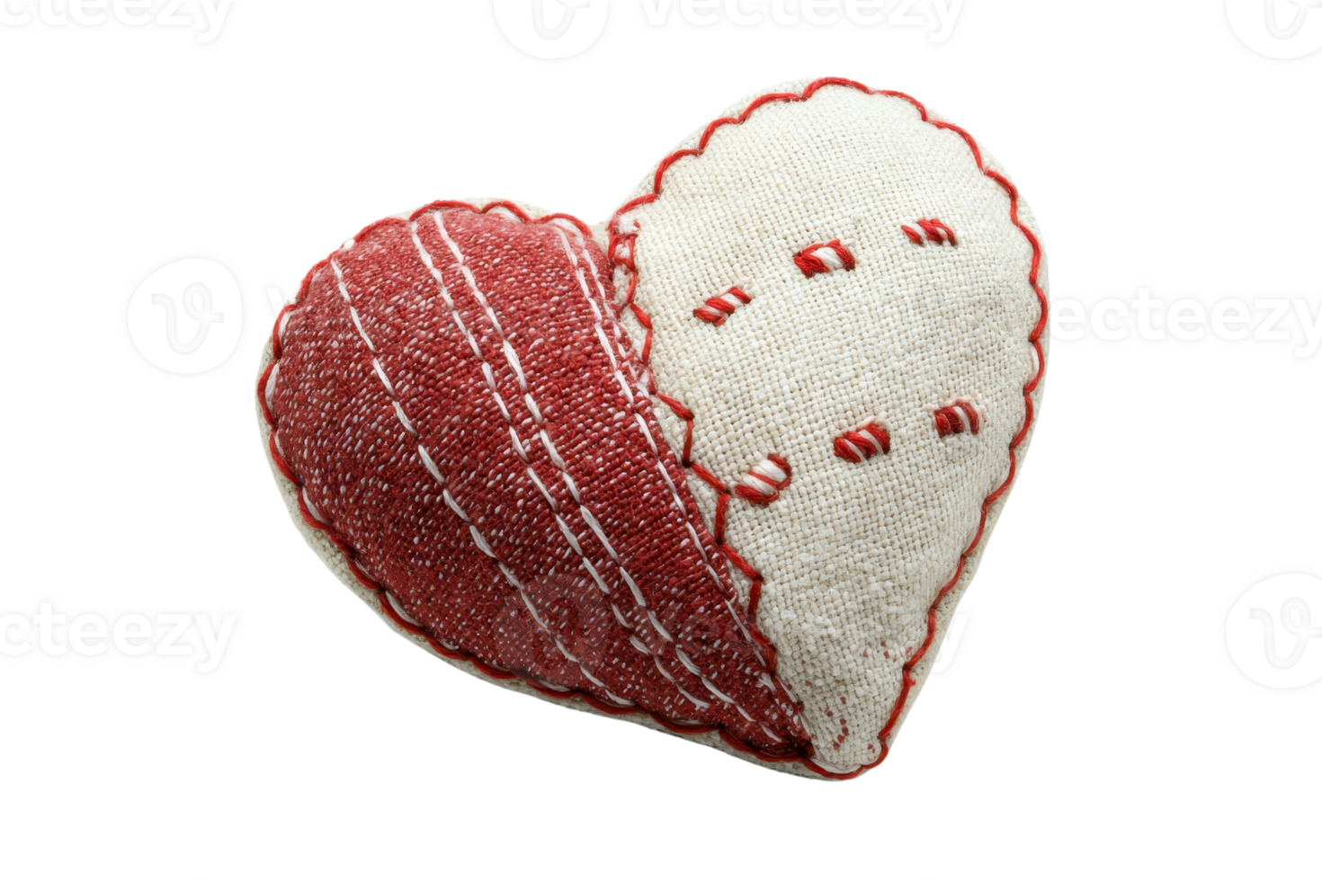 Cozy patchwork heart-shaped pillow in red and white tones, featuring intricate stitching and textured fabric, perfect for home decor or gift ideas. png