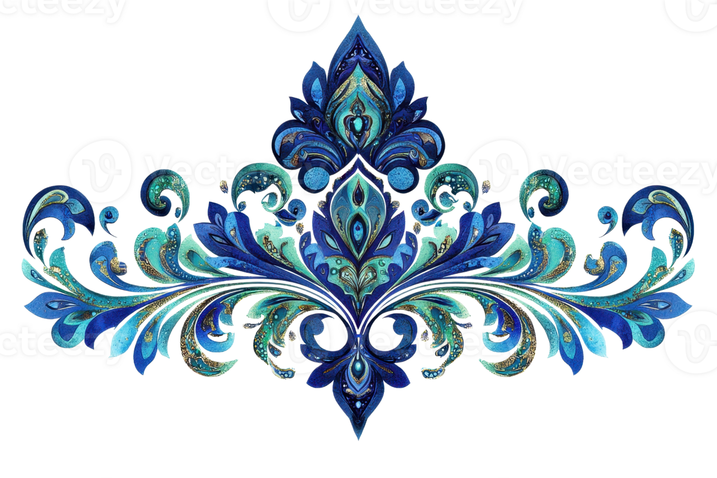 Elegant watercolor blue and teal ornate floral pattern with intricate details and symmetry for decorative design and art projects. png