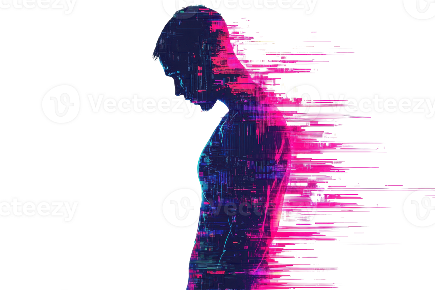 Digital silhouette of a man dissolving into pixels, blending human form with technology in vibrant neon colors. Futuristic abstract art concept. png