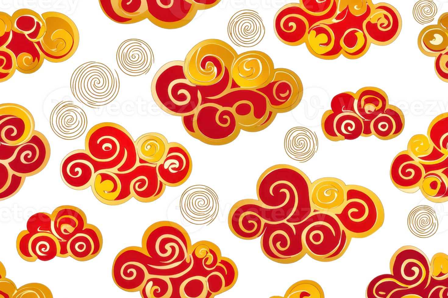 Colorful swirling clouds pattern in red and gold, inspired by traditional designs, creating a vibrant and dynamic visual backdrop. png