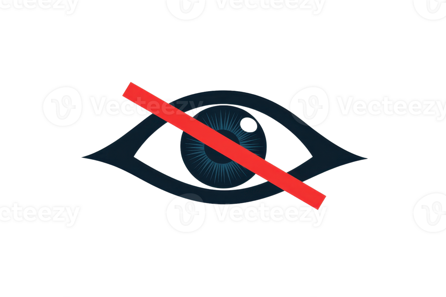 Minimalist icon of an eye with a red line crossing through it, symbolizing vision restriction or privacy protection, on a transparent background. png