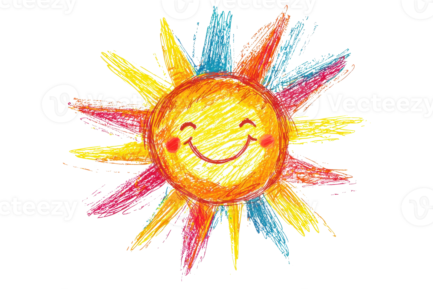 Colorful crayon sun with a smiling face, surrounded by vibrant rays in a cheerful illustration of warmth and happiness on a transparent background. png