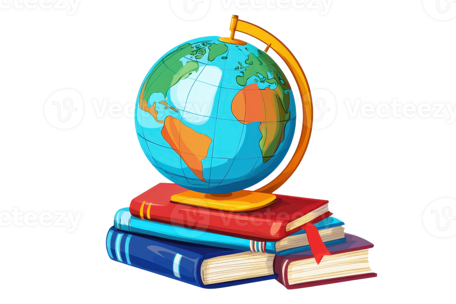 Colorful globe on top of a stack of books, symbolizing global education, knowledge, and learning. Ideal for educational and travel concepts. png