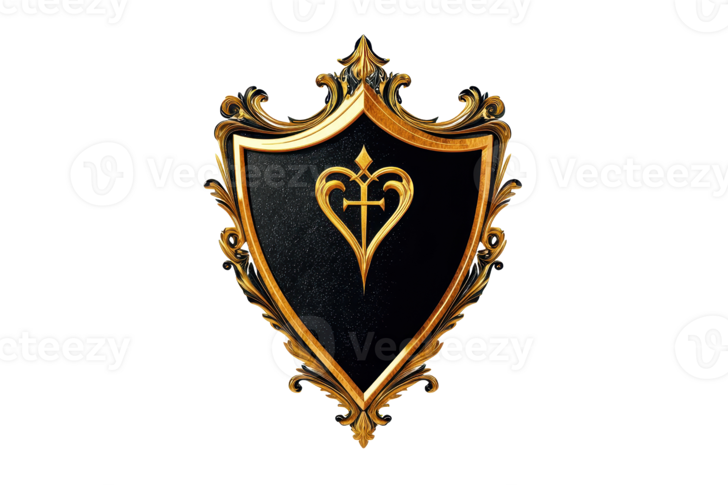 Elegant black and gold crest design featuring an ornate emblem with swirling patterns, perfect for luxury branding and decorative themes. png