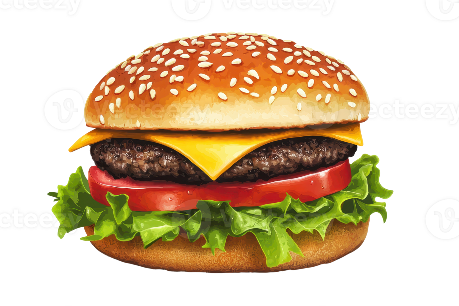 Delicious cheeseburger with fresh lettuce, juicy tomato, and cheddar cheese in a sesame seed bun, perfect for lunch or a quick meal. png