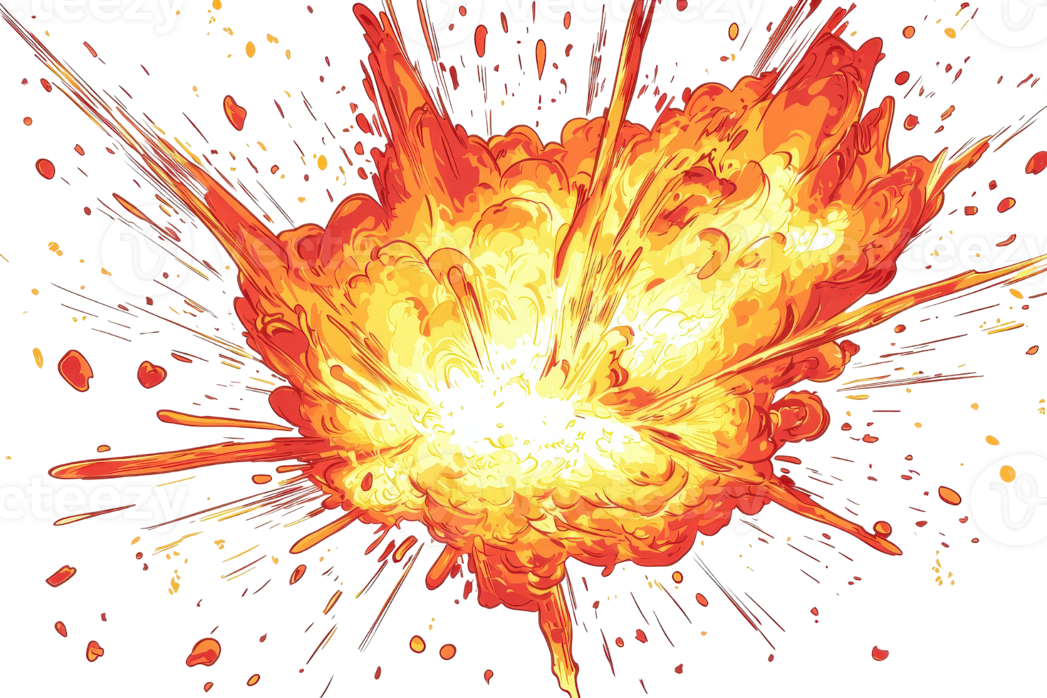 Dynamic fiery explosion illustration with vibrant colors and intense energy, suitable for action-themed designs and creative projects. png