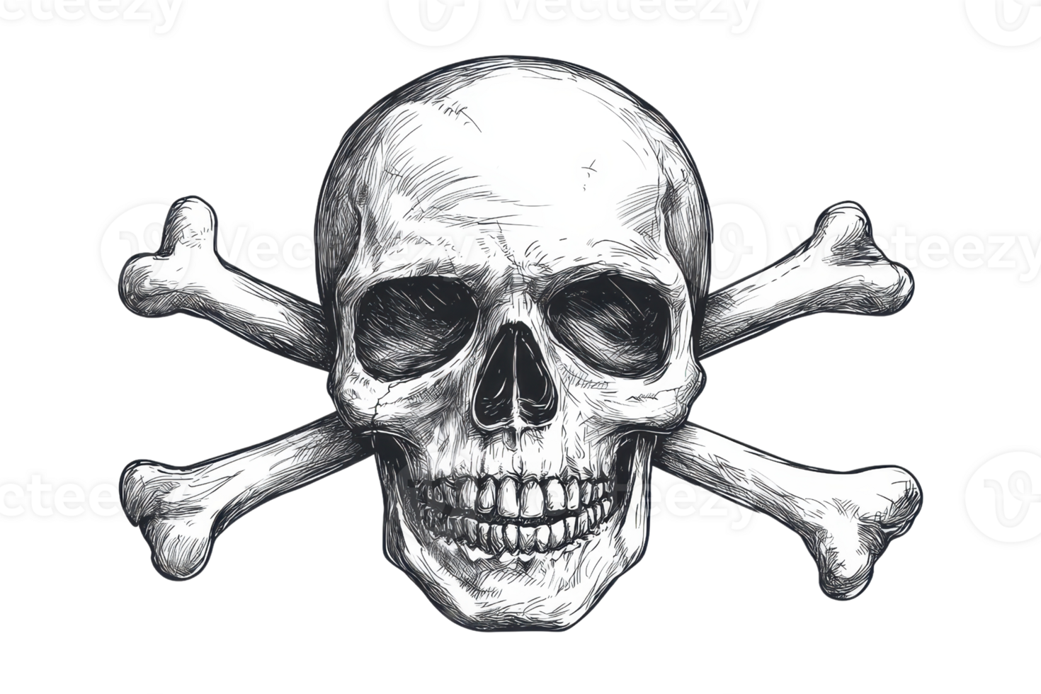 Detailed illustration of a skull and crossbones symbolizing danger, piracy, and rebellion, commonly associated with warning signs. png