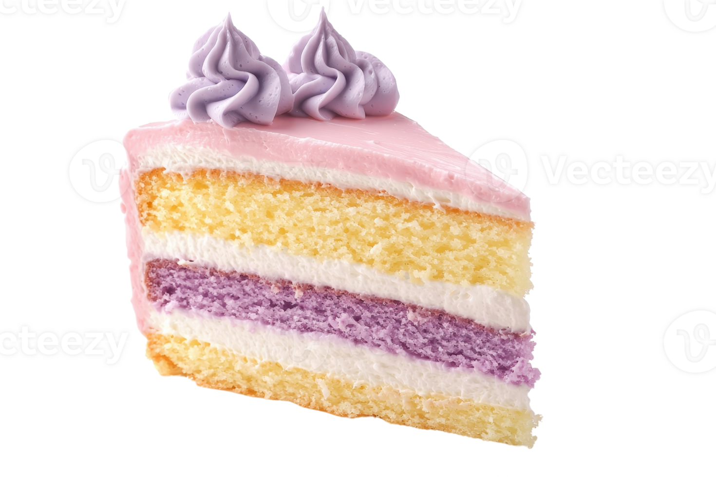 Delicious slice of layered cake with pink and purple frosting, perfect for celebrations or dessert lovers with a sweet tooth. png