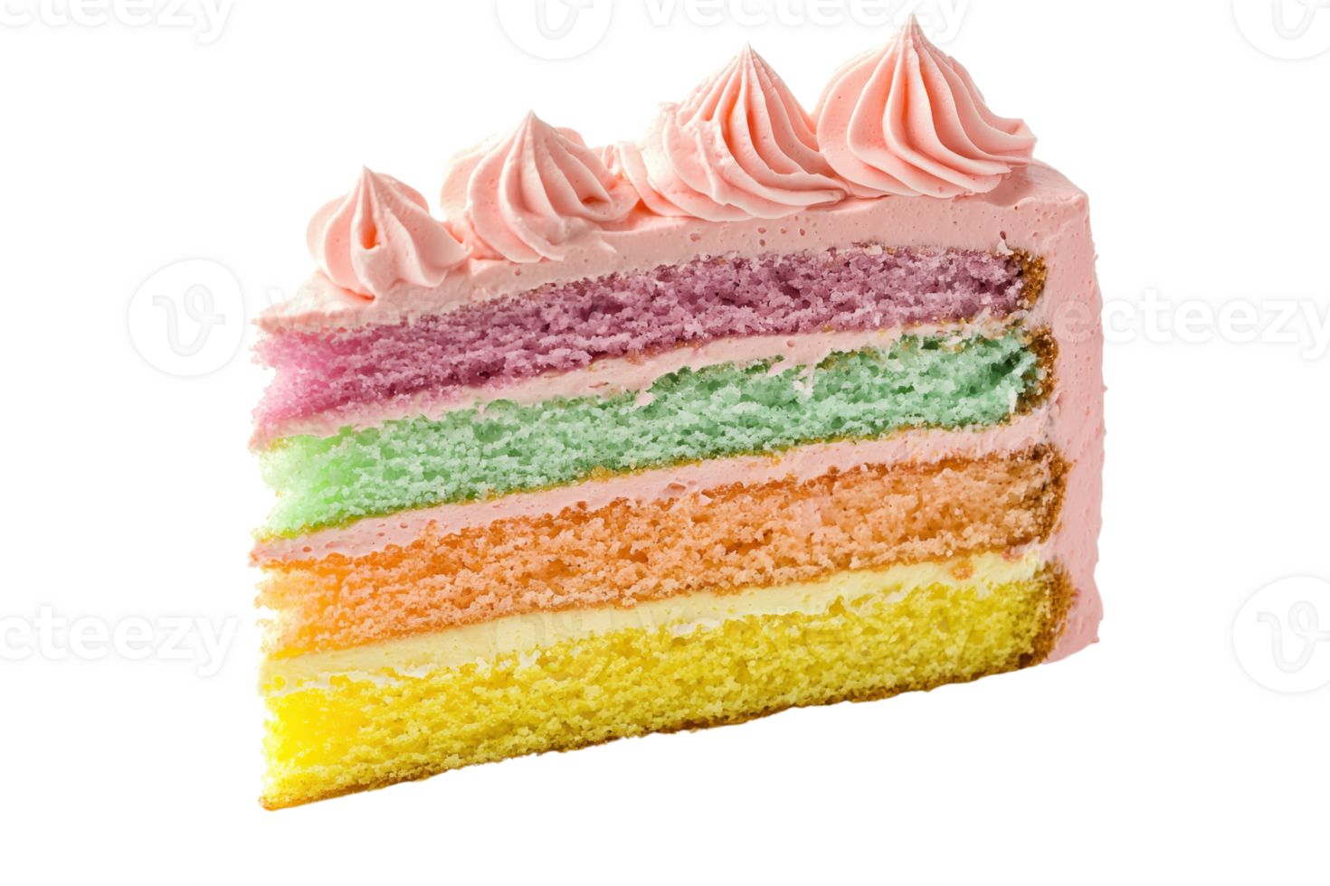 Delicious slice of colorful rainbow cake with pink frosting on top. Perfect for celebrating birthdays and special occasions with a sweet treat. png