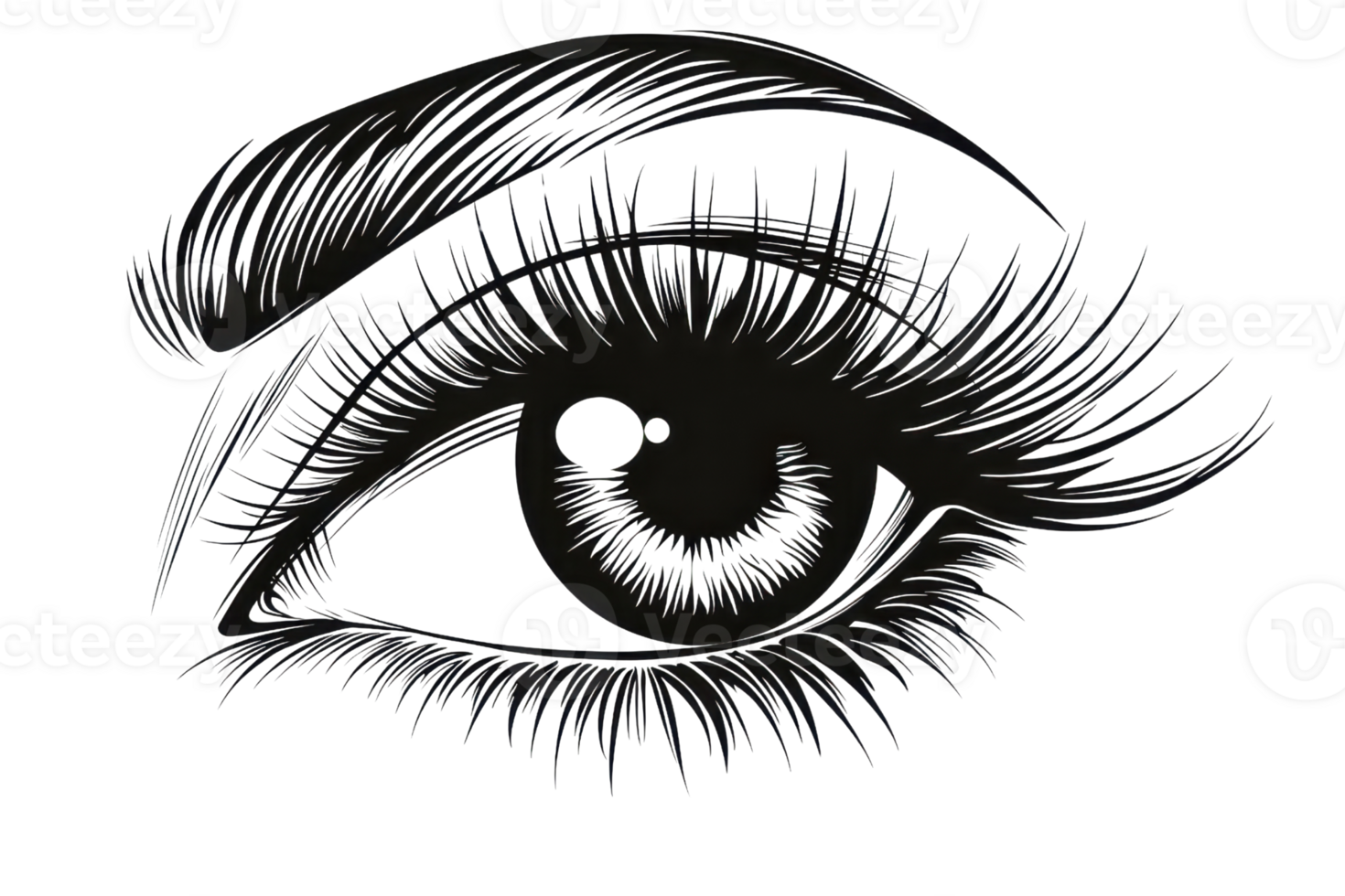 Detailed illustration of a human eye. Black and white sketch highlighting eyelashes, iris, and eyebrow for artistic design concepts. png