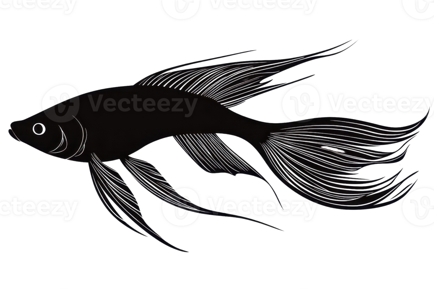 Elegant silhouette of a black betta fish with flowing fins, isolated on a transparent background. A perfect image for aquatic themes. png