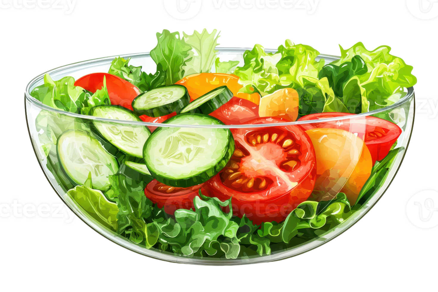Fresh and vibrant salad bowl with lettuce, tomatoes, cucumbers, and bell peppers. Perfect for a healthy meal or vegetarian diet inspiration. png