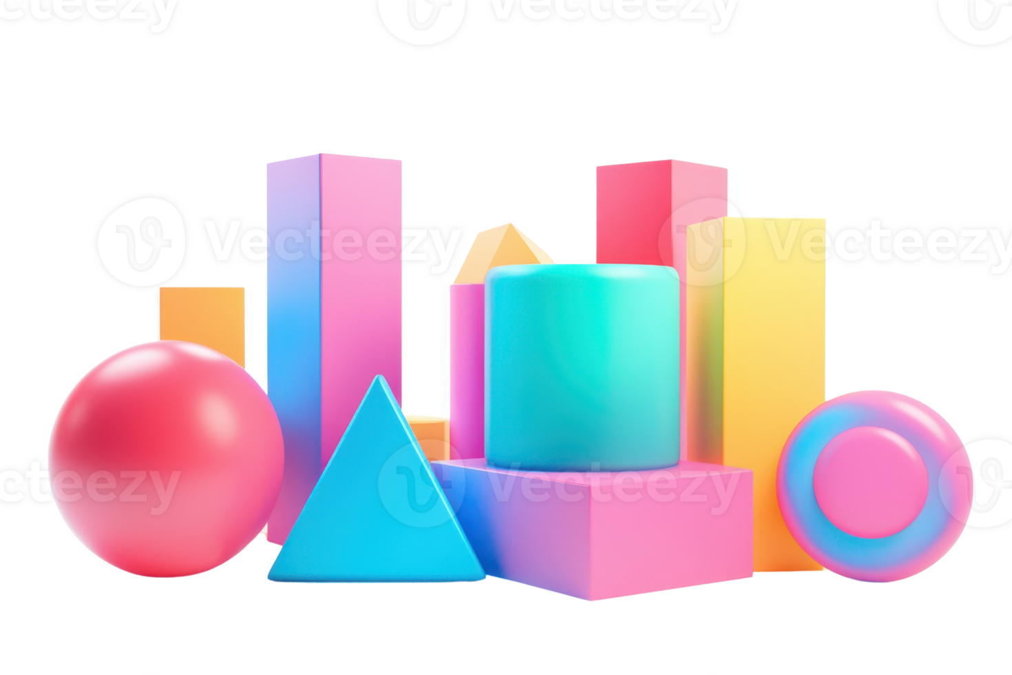 Colorful abstract geometric shapes arranged in a playful composition, featuring spheres, pyramids, and cylinders in bright hues. png