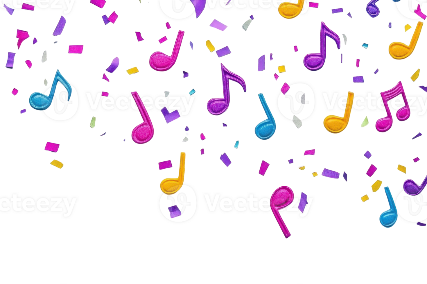 Colorful music notes and confetti on a transparent background, creating a lively and festive atmosphere perfect for any music-themed celebration. png