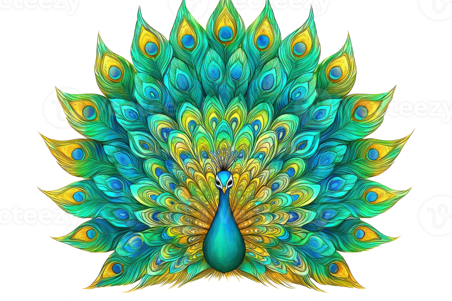 Colorful peacock with vibrant plumage and elegant feathers, displaying a mesmerizing pattern of blues, greens, and golds in full display. png