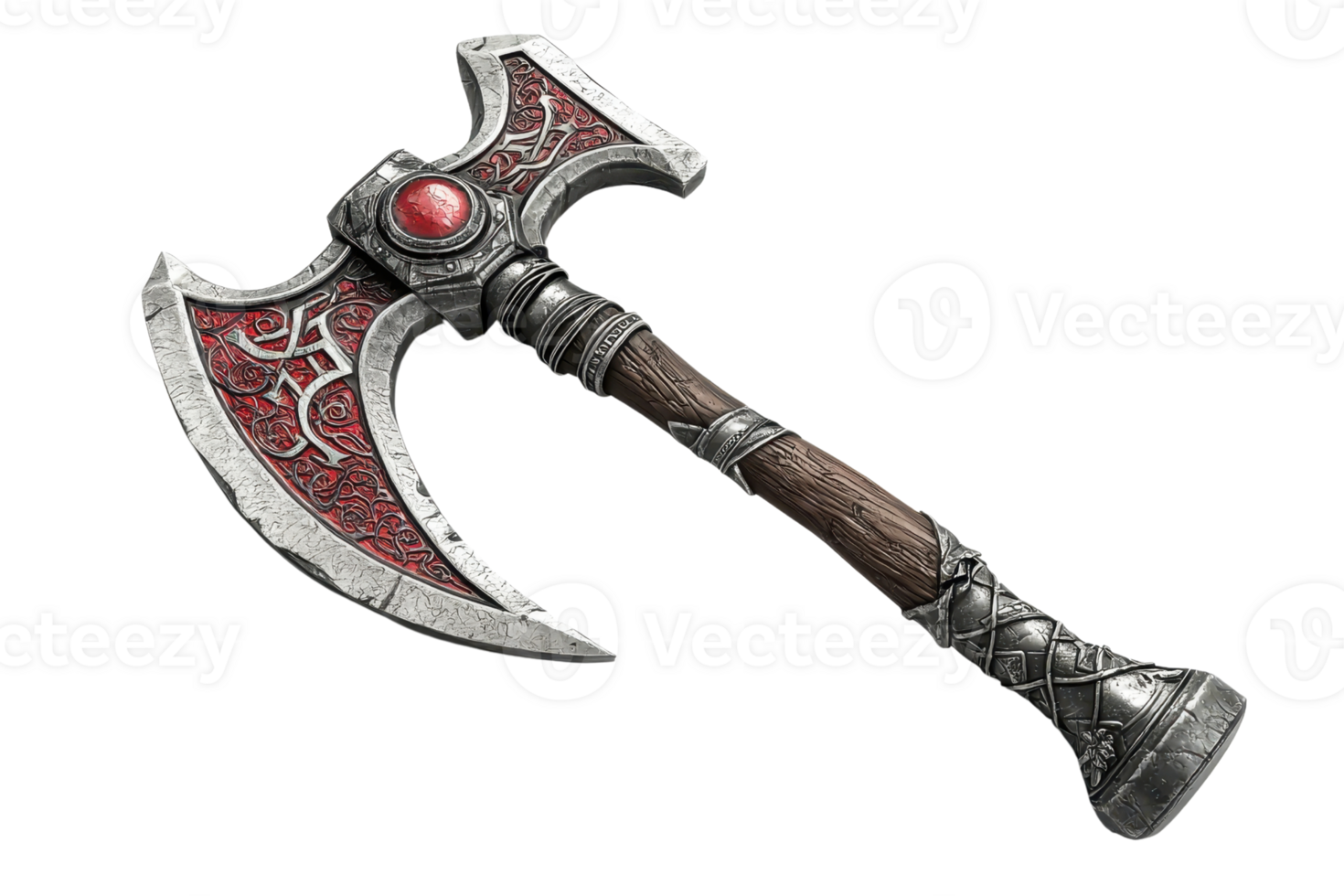 Intricately designed fantasy battle axe with ornate details and red gemstone, perfect for gaming and medieval themes. png
