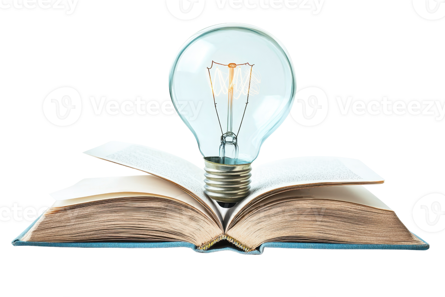 Open book with a glowing light bulb symbolizing knowledge and innovation. Concept of learning, education, and creativity. png