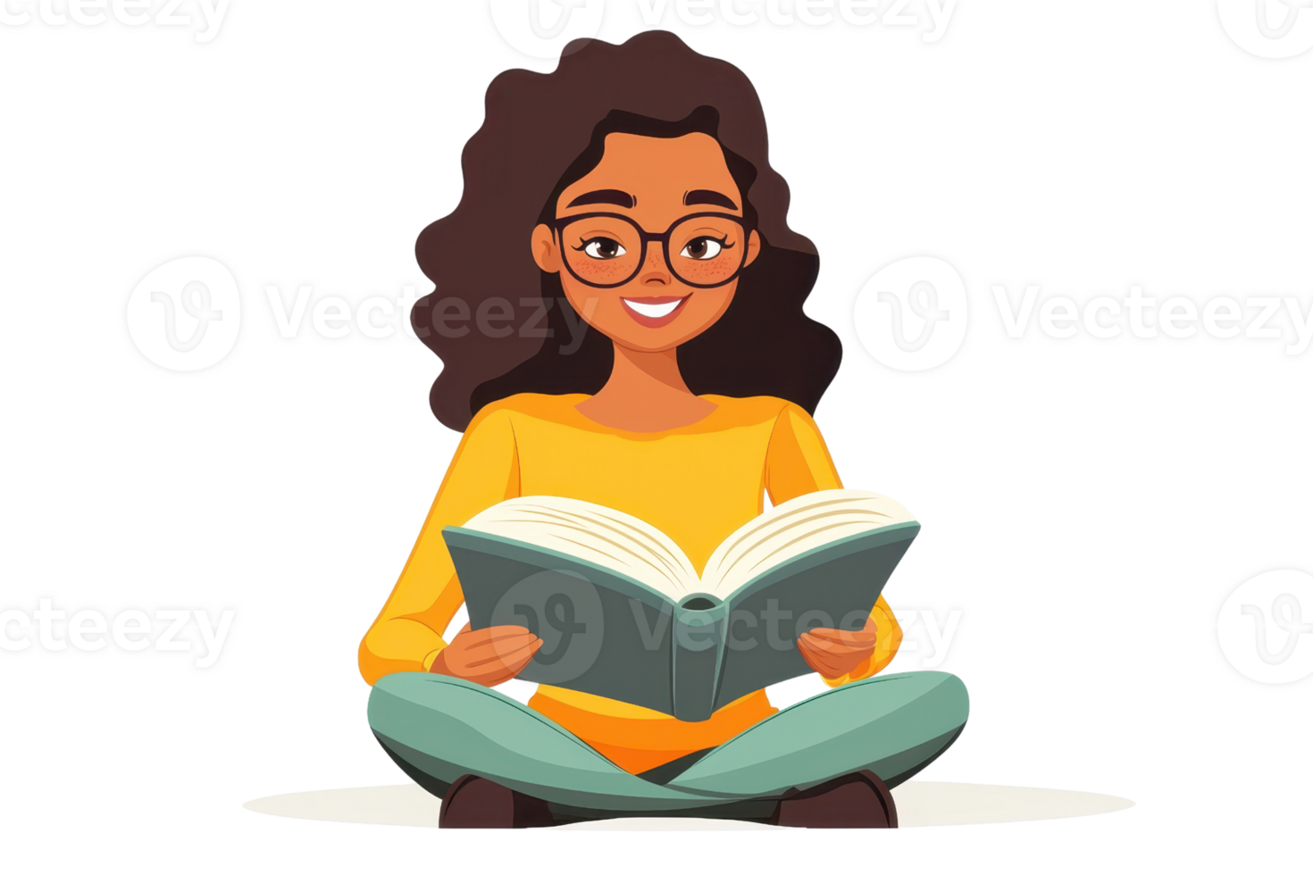 Illustration of a smiling woman sitting cross-legged while reading a book. Casual and relaxed scene focused on learning and enjoyment. png