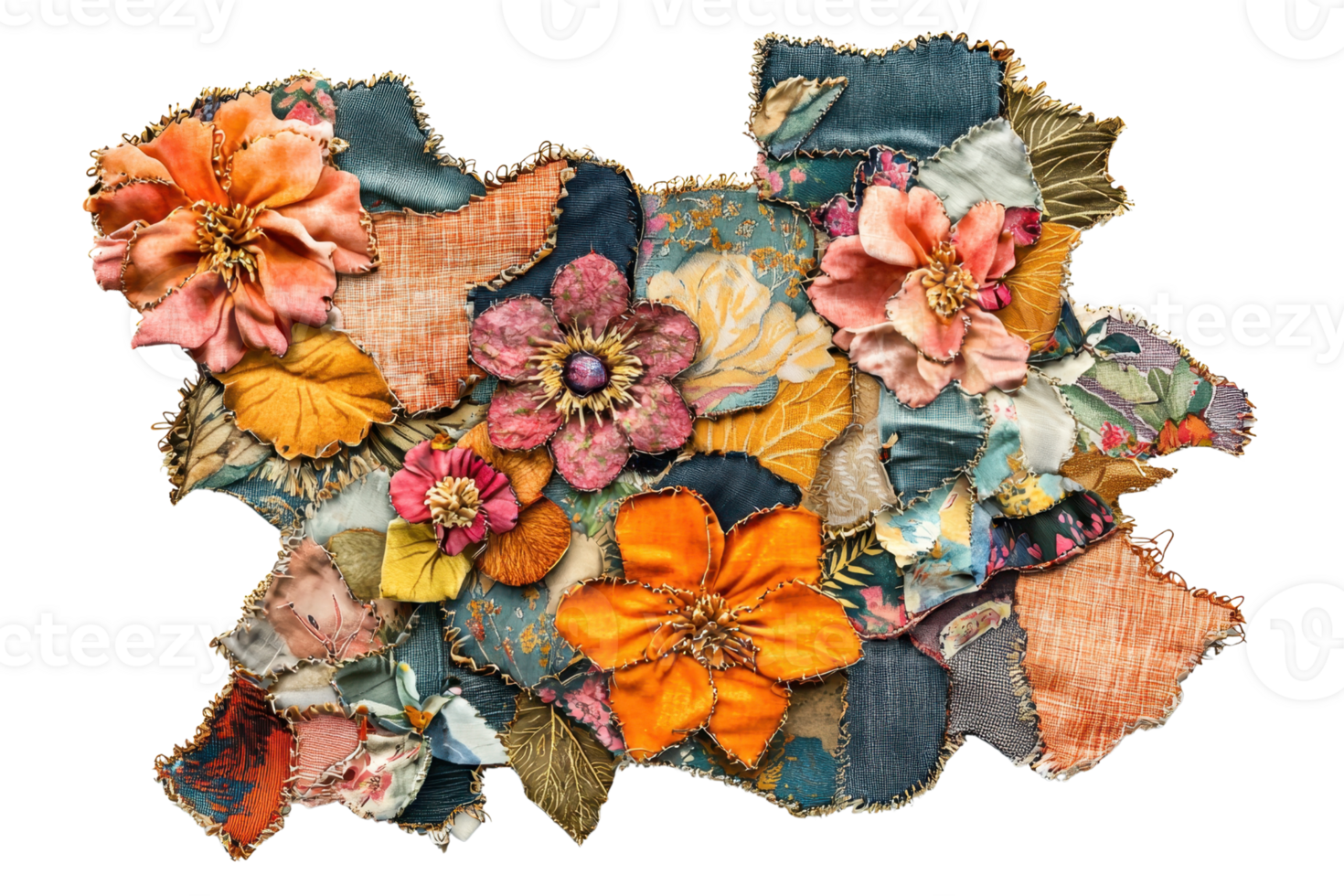 Colorful textile flowers arranged in an artistic pattern, showcasing vibrant fabric textures and intricate designs. png