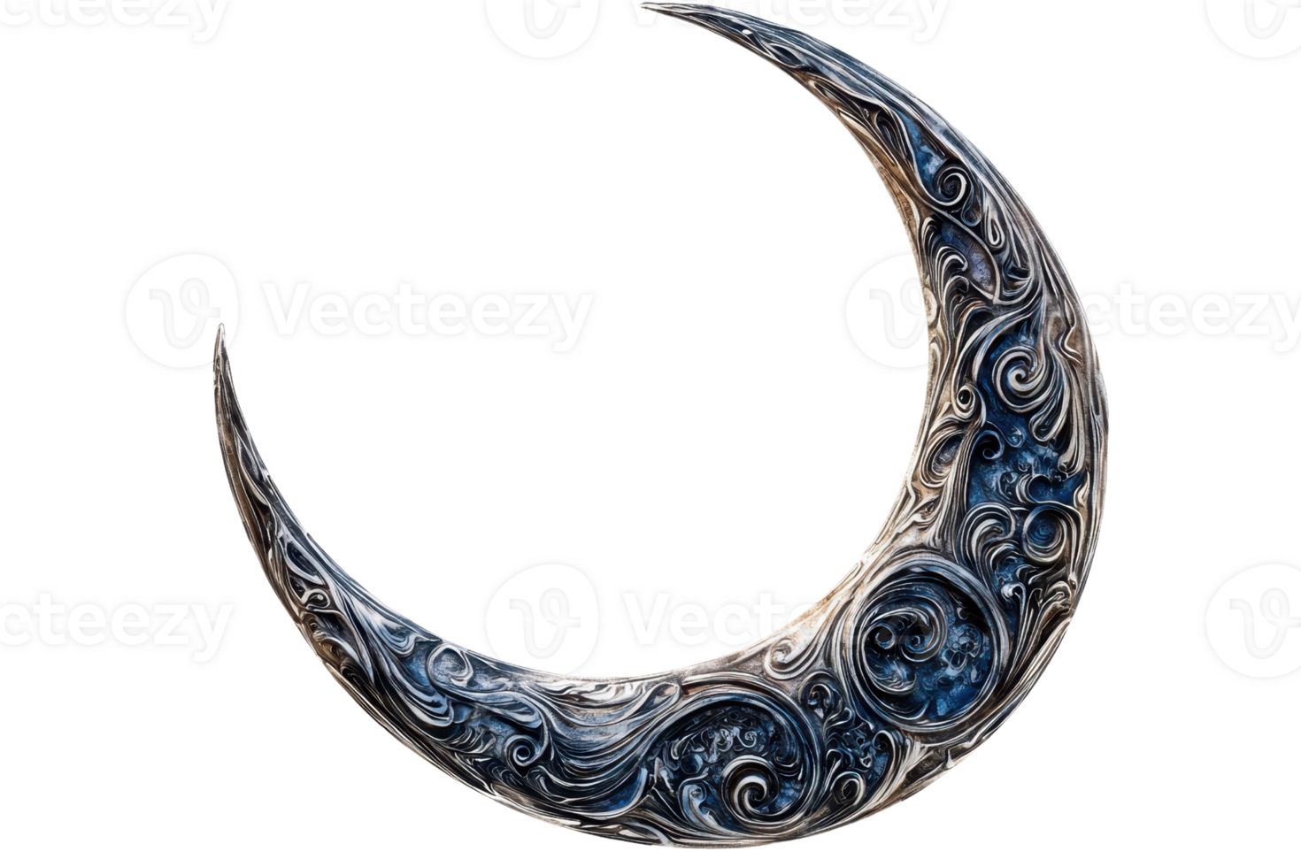 Ornate crescent moon with intricate swirl patterns, combining elegance and mystique in a celestial-inspired artistic creation. png