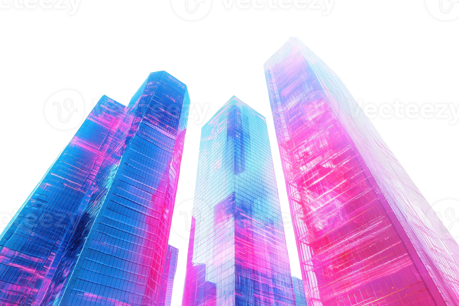 Futuristic skyscrapers illuminated with vibrant neon colors against a dark sky, showcasing modern architecture and urban aesthetics. png