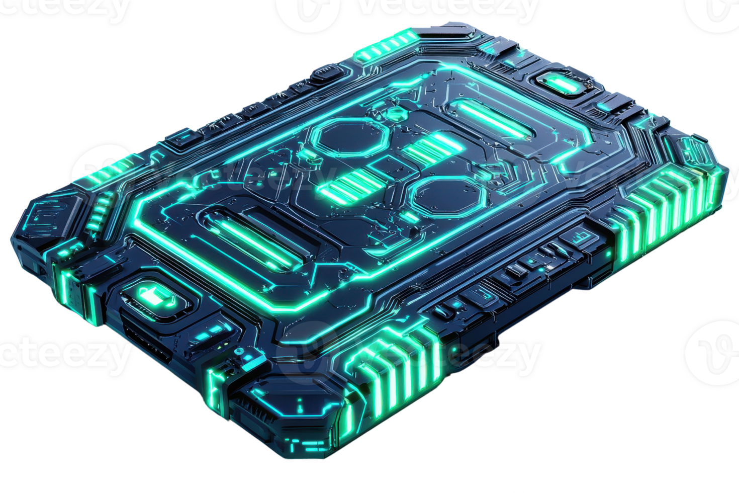 Futuristic digital circuit board with glowing neon lights, representing advanced technology and innovation in electronics. png