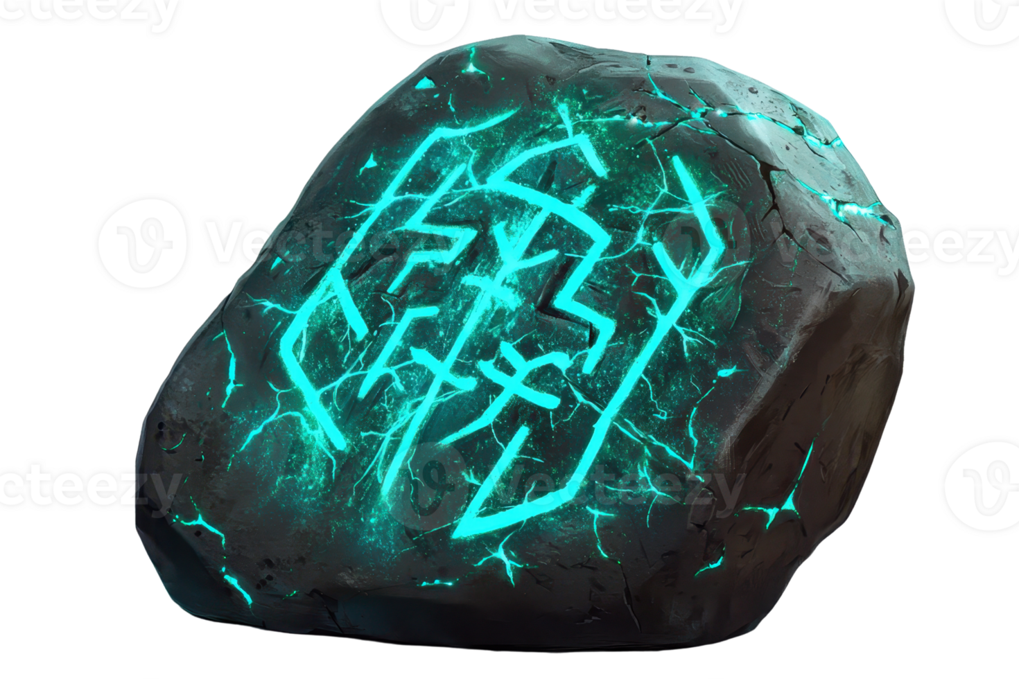 Mystical glowing rune stone with intricate carvings and vibrant blue light, symbolizing ancient magic and mystical power. png