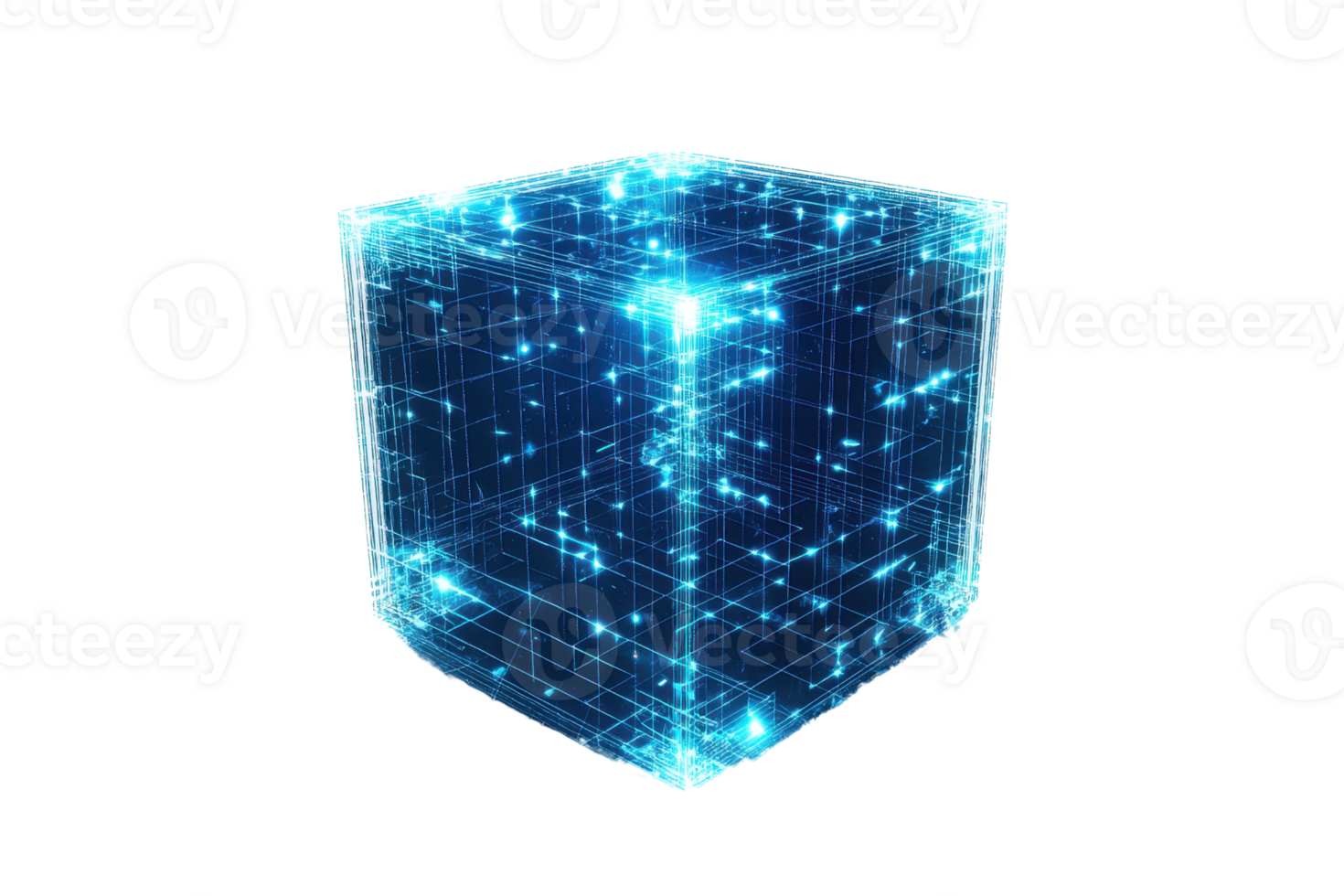 Glowing digital cube with a network of blue lights, representing futuristic technology, innovation, and virtual data connections. png