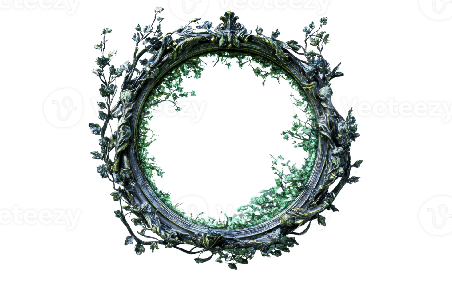Ornate metallic wreath frame with intricate leaf and flower details. Ideal for decorative designs and artistic projects. png