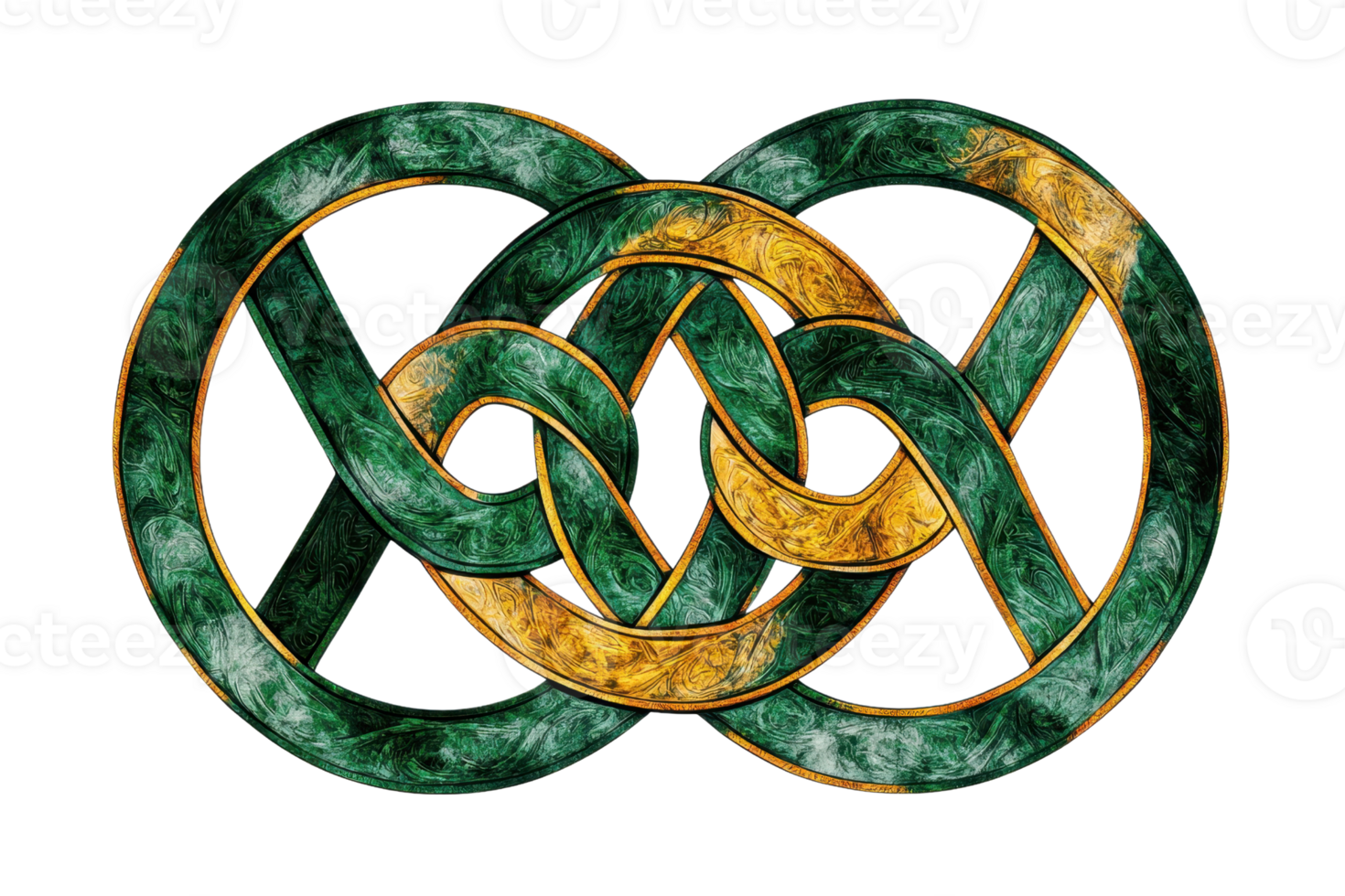 Intricate Celtic knot design with interwoven loops in vibrant green and gold colors, symbolizing eternity and interconnectedness. png