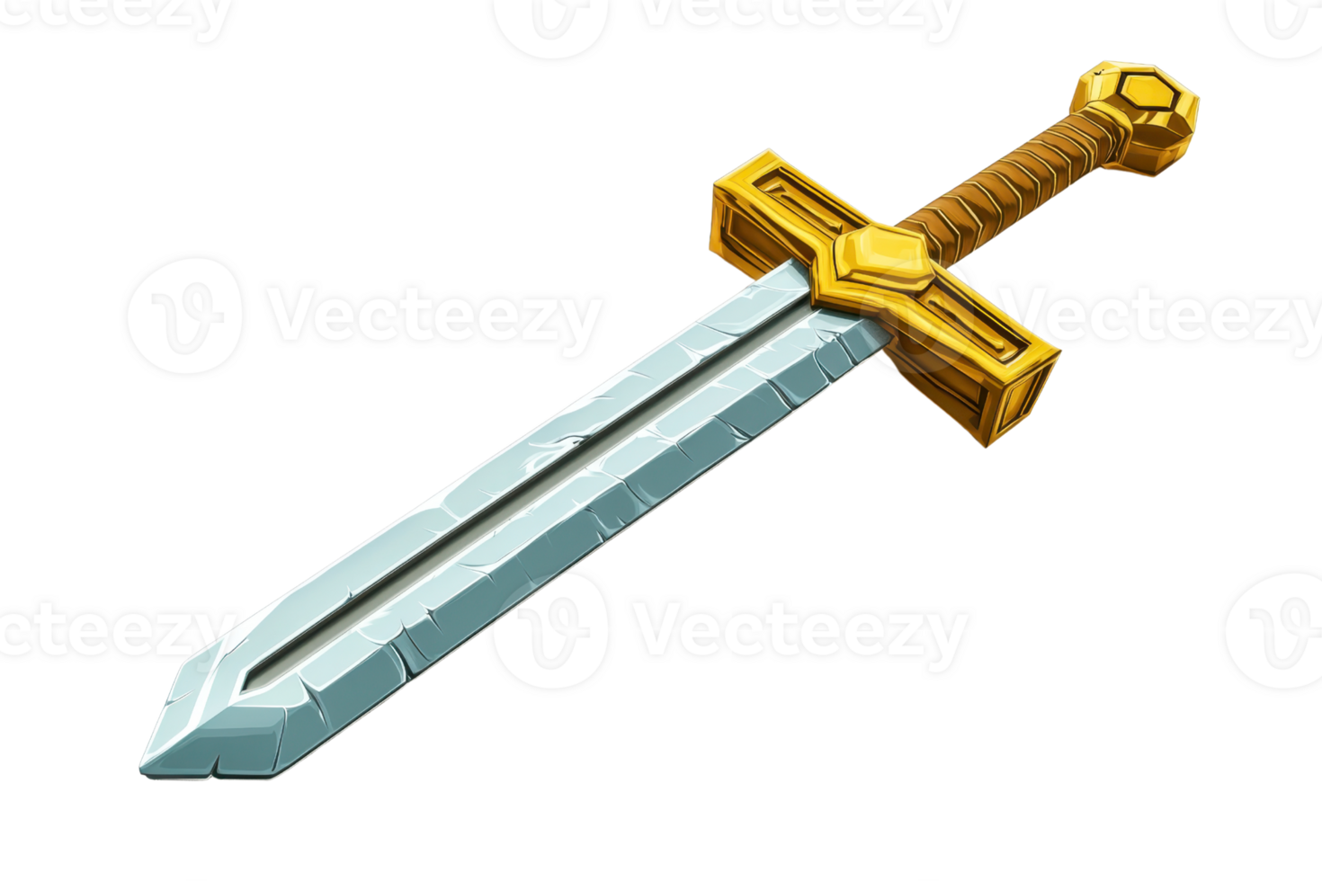 Illustration of a cartoon sword with a golden hilt and silver blade, representing fantasy and adventure themes in media and games. png