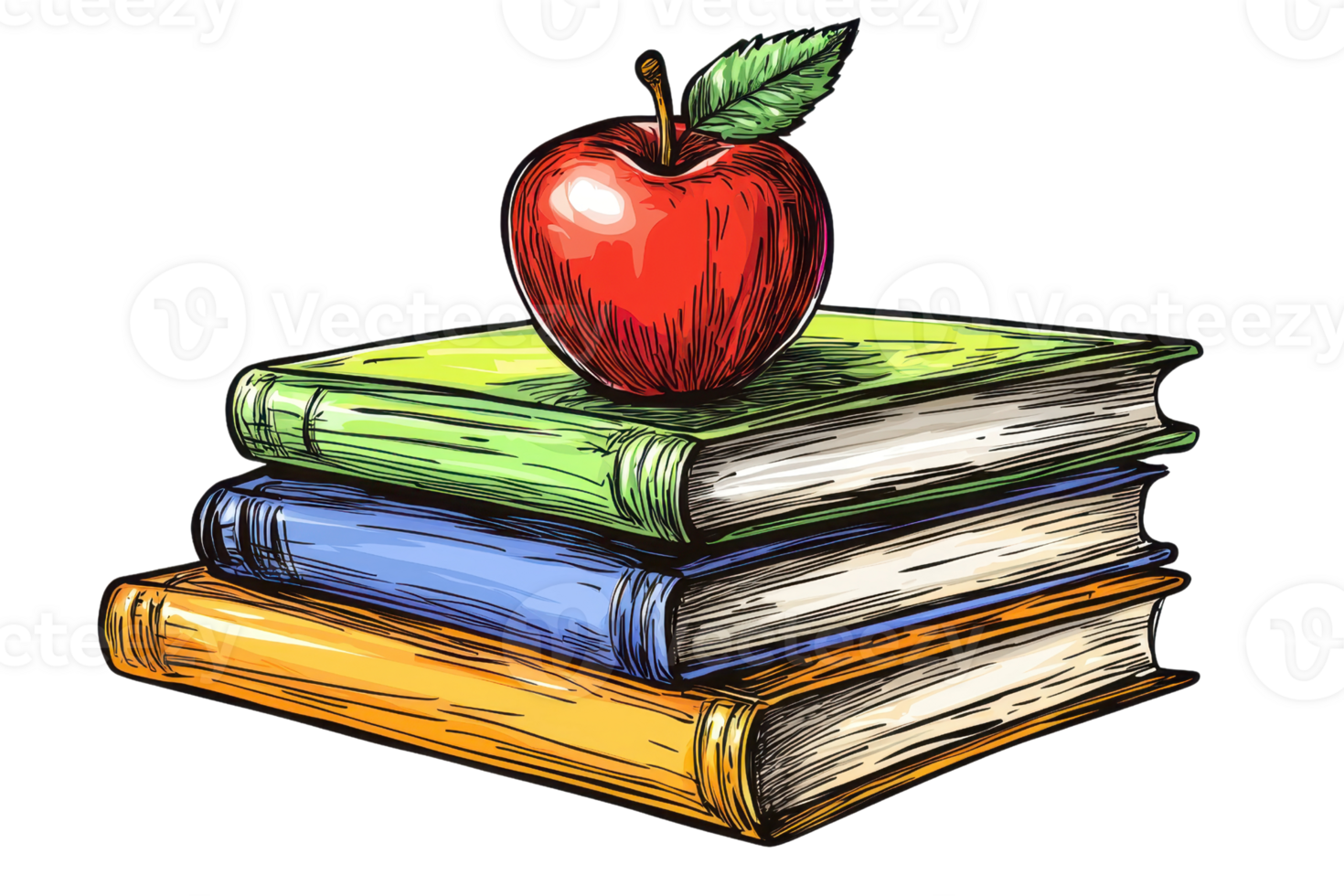 Illustration of an apple resting on a stack of colorful books. Symbolizes knowledge, education, and healthy learning in a whimsical style. png