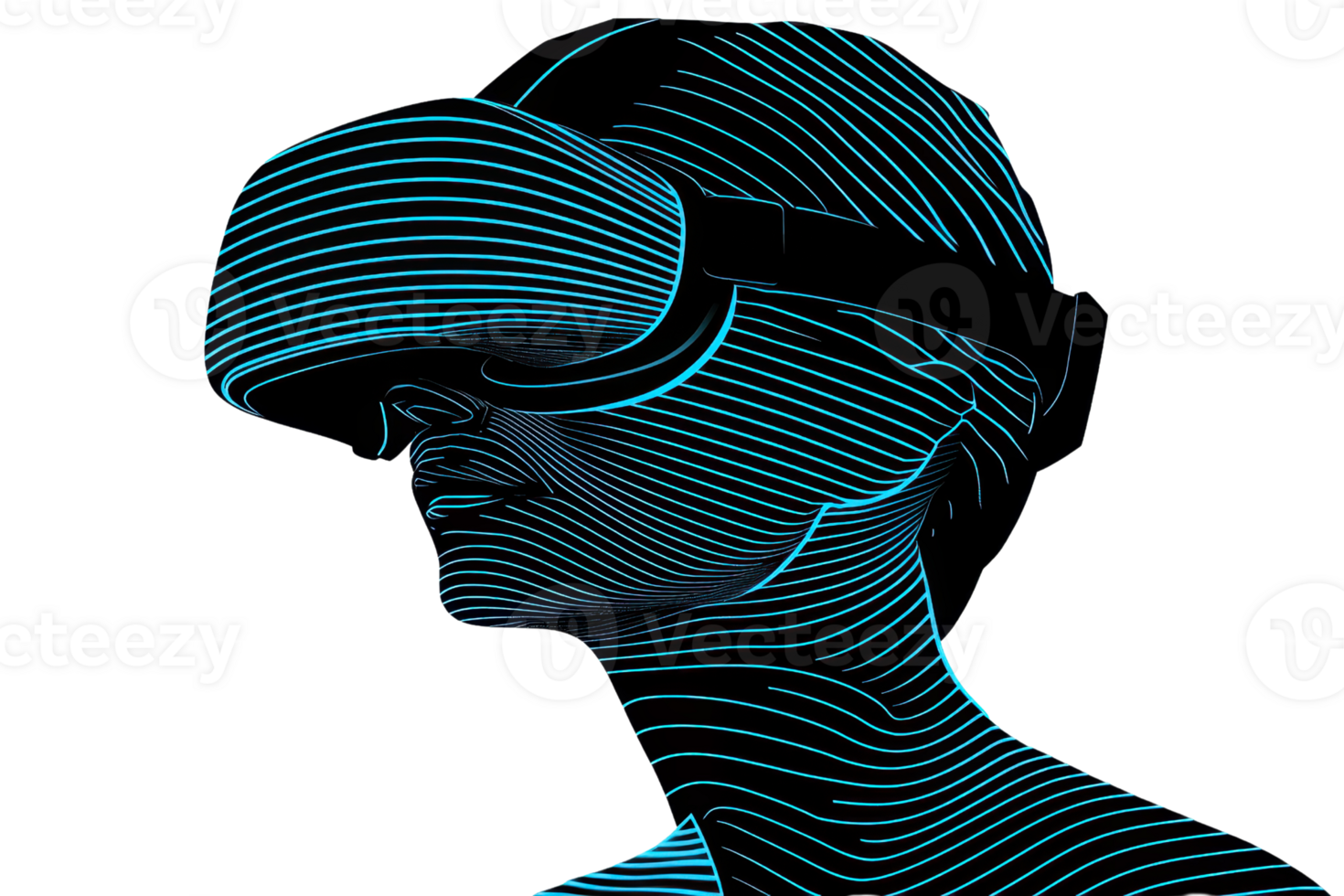 Futuristic digital illustration of a person wearing a virtual reality headset surrounded by glowing lines symbolizing innovation and technology. png