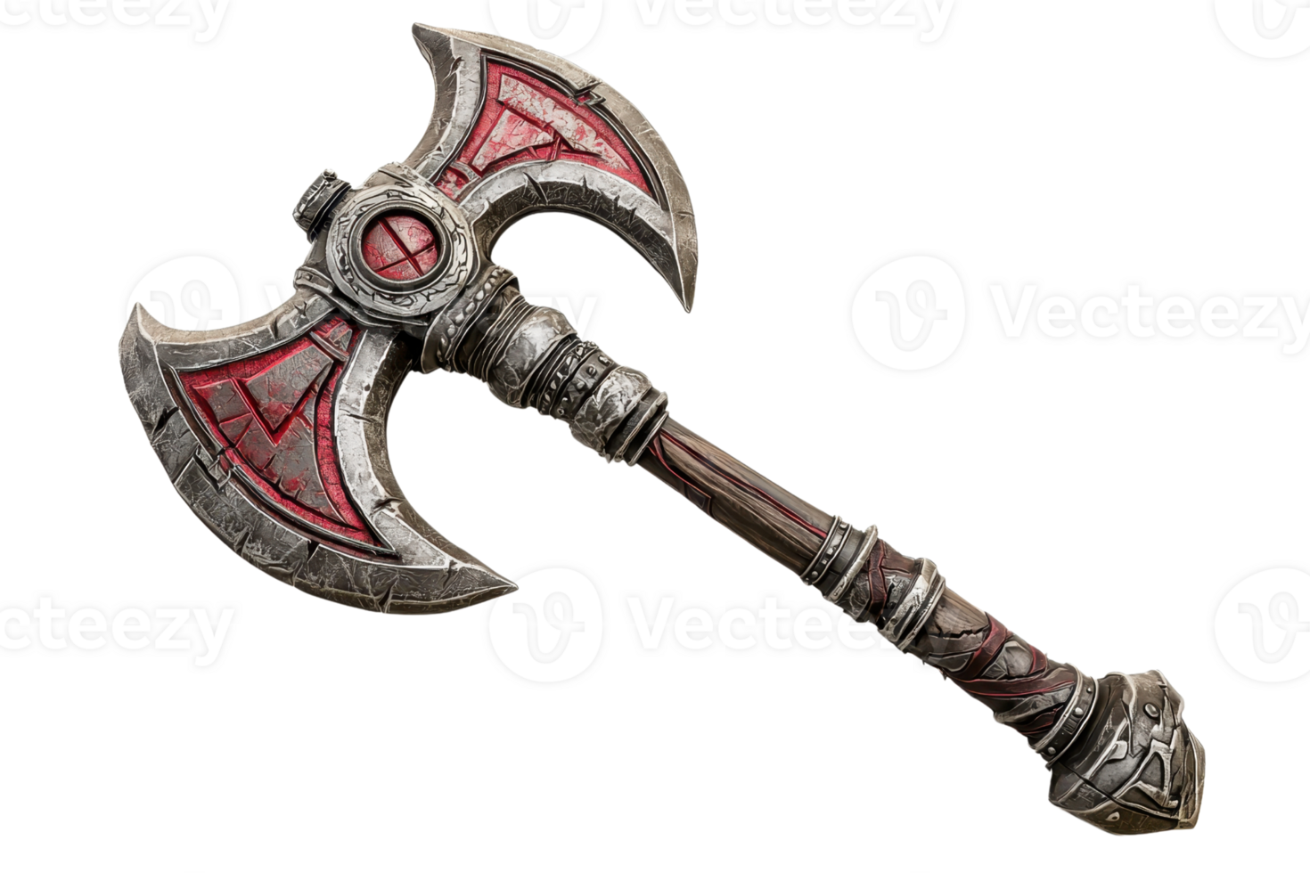 Intricate medieval battle axe with ornate metalwork and red accents, showcasing craftsmanship and historical weaponry artistry. png