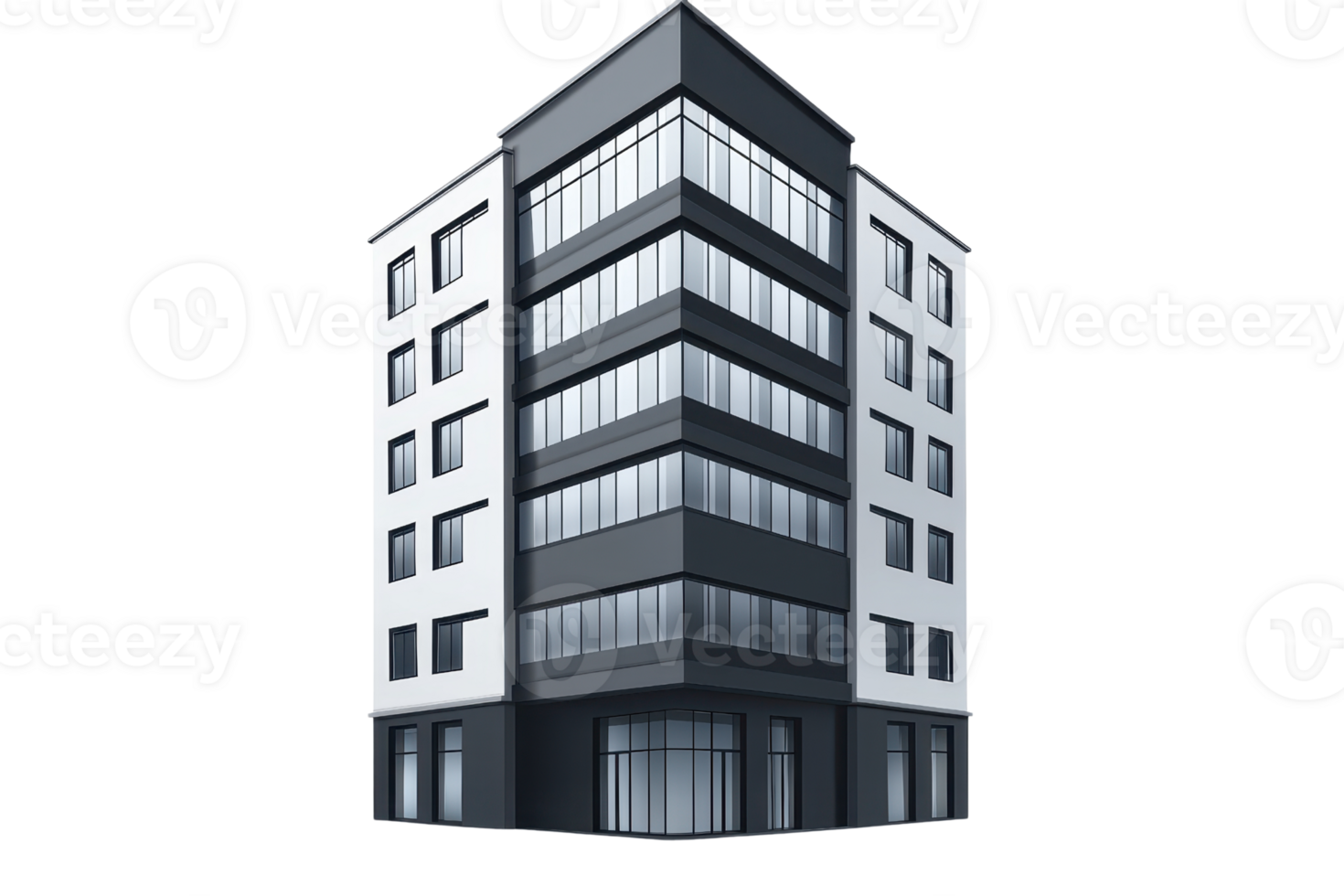 Modern multi-story office building with large windows, sleek design, and a contemporary architectural style, ideal for corporate use. png
