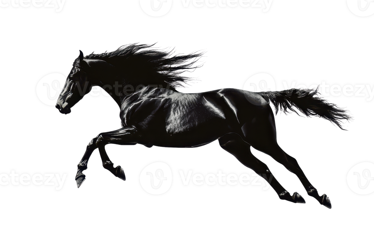 Graceful black horse in full gallop capturing the essence of speed and power against a transparent background, showcasing strength and elegance. png