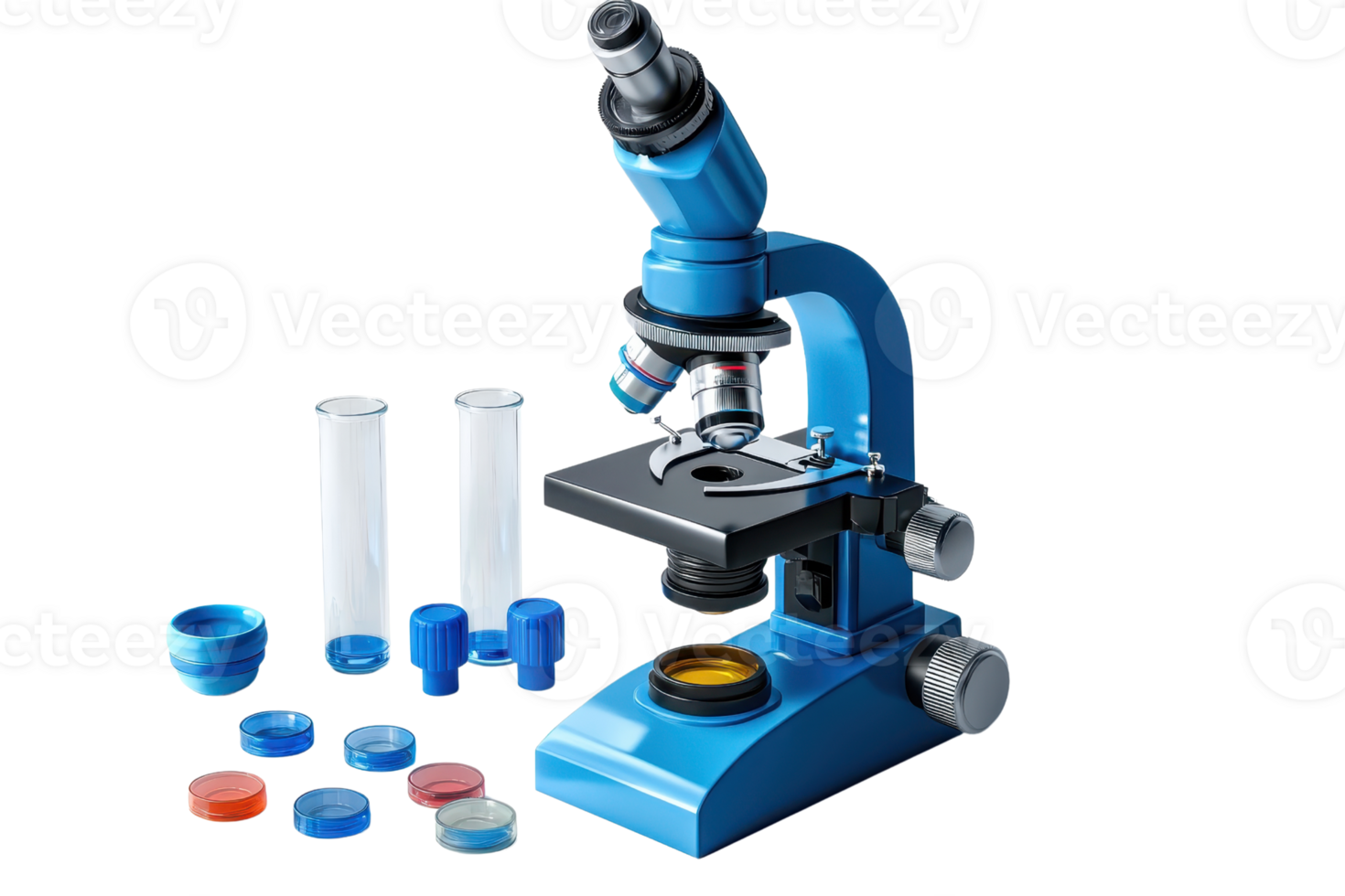 High-quality image of a blue microscope with various lab equipment, perfect for scientific and educational use in laboratories. png