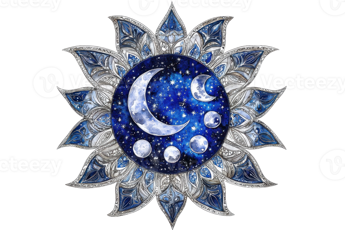 Intricate mandala design featuring phases of the moon with celestial elements in a captivating and artistic composition on a starry background. png
