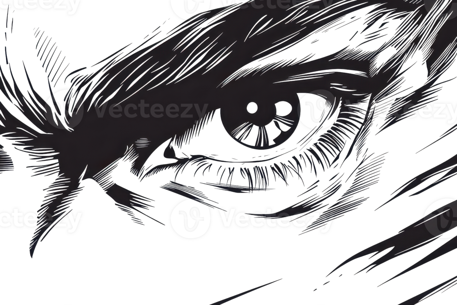 Intricate hand-drawn sketch of a human eye, capturing intense detail and emotion with bold lines and delicate shading. png