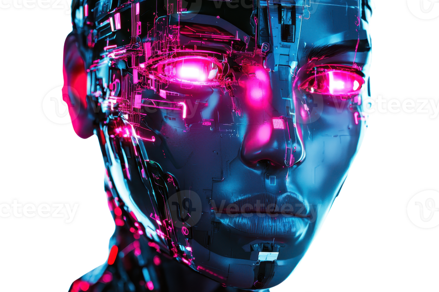 Futuristic robot with glowing pink eyes in dark lighting, highlighting advanced technology and artificial intelligence concepts. png