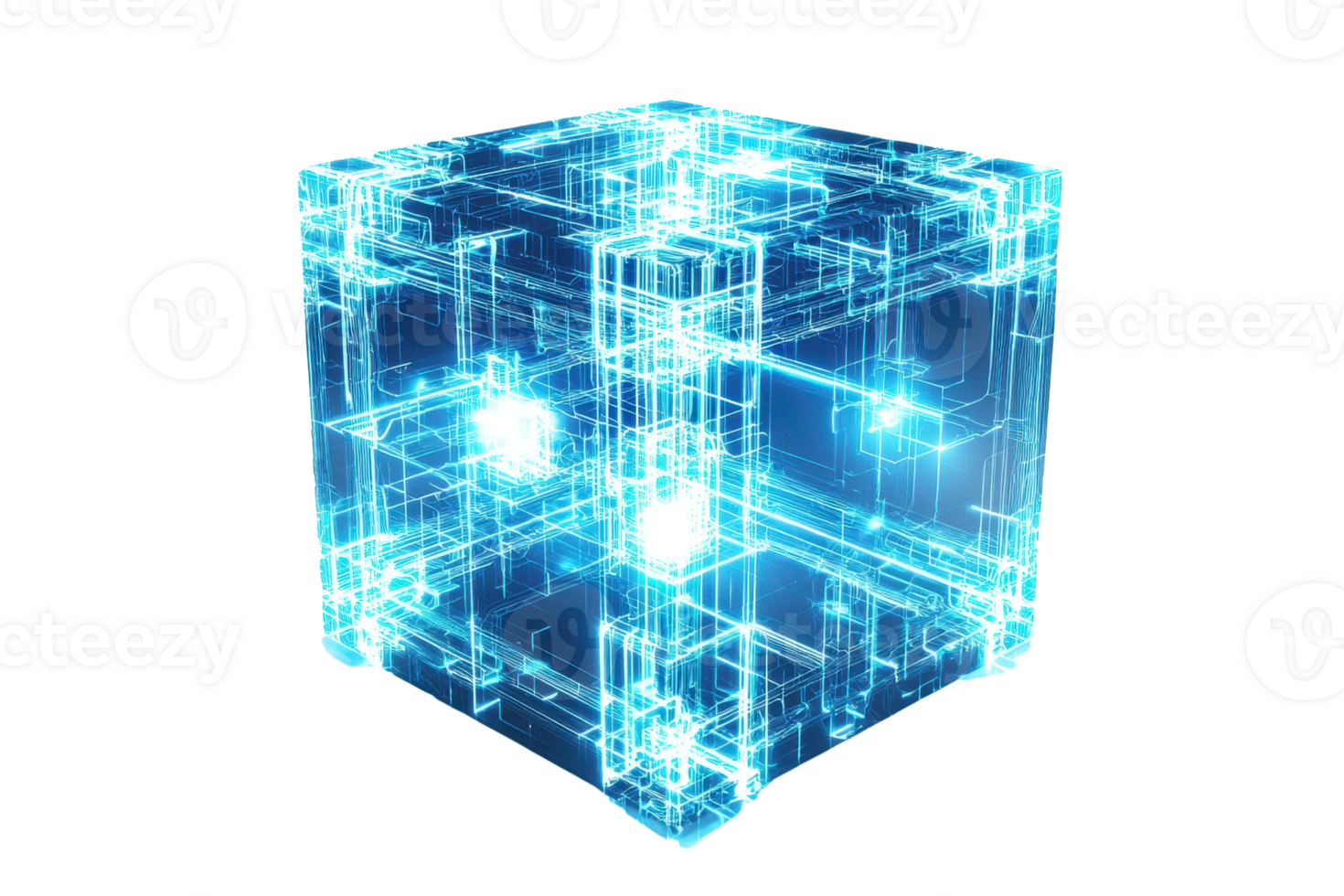 Futuristic glowing digital cube with interconnected light patterns, representing data, technology, and innovation in a digital environment. png