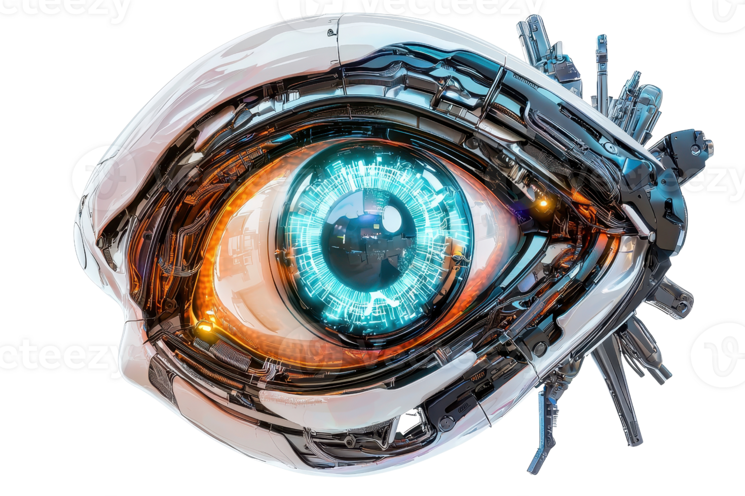 futurista robótico olho com intrincado engrenagens e digital elementos, simbolizando avançado tecnologia, artificial inteligência, e inovação. png