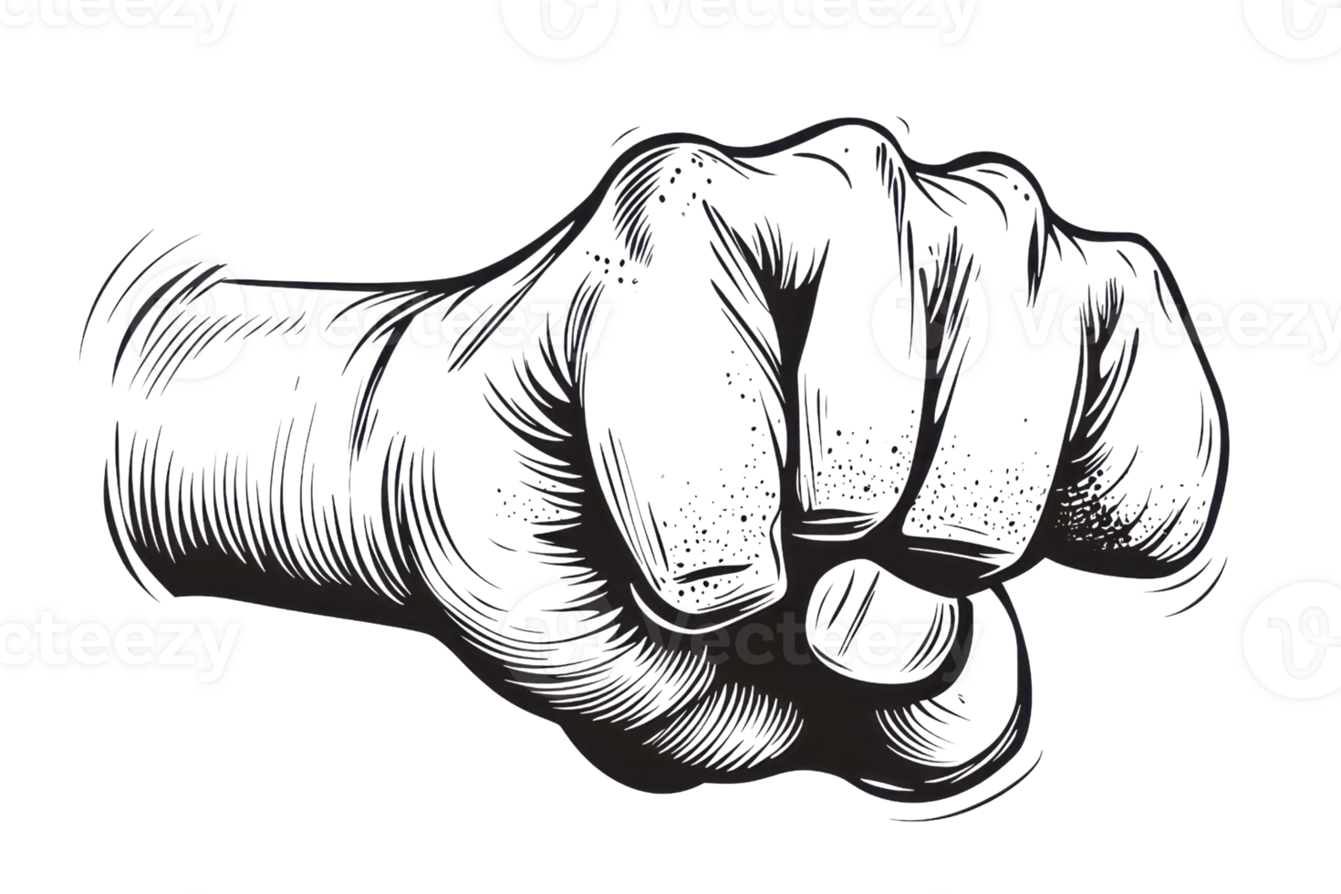 Hand-drawn illustration of a clenched fist, symbolizing strength and unity, with intricate shading and detail art on transparent background. png