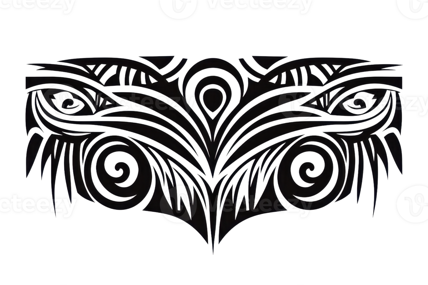 Intricate black tribal tattoo design with abstract shapes and symmetrical patterns, ideal for decoration or symbolic artwork. png