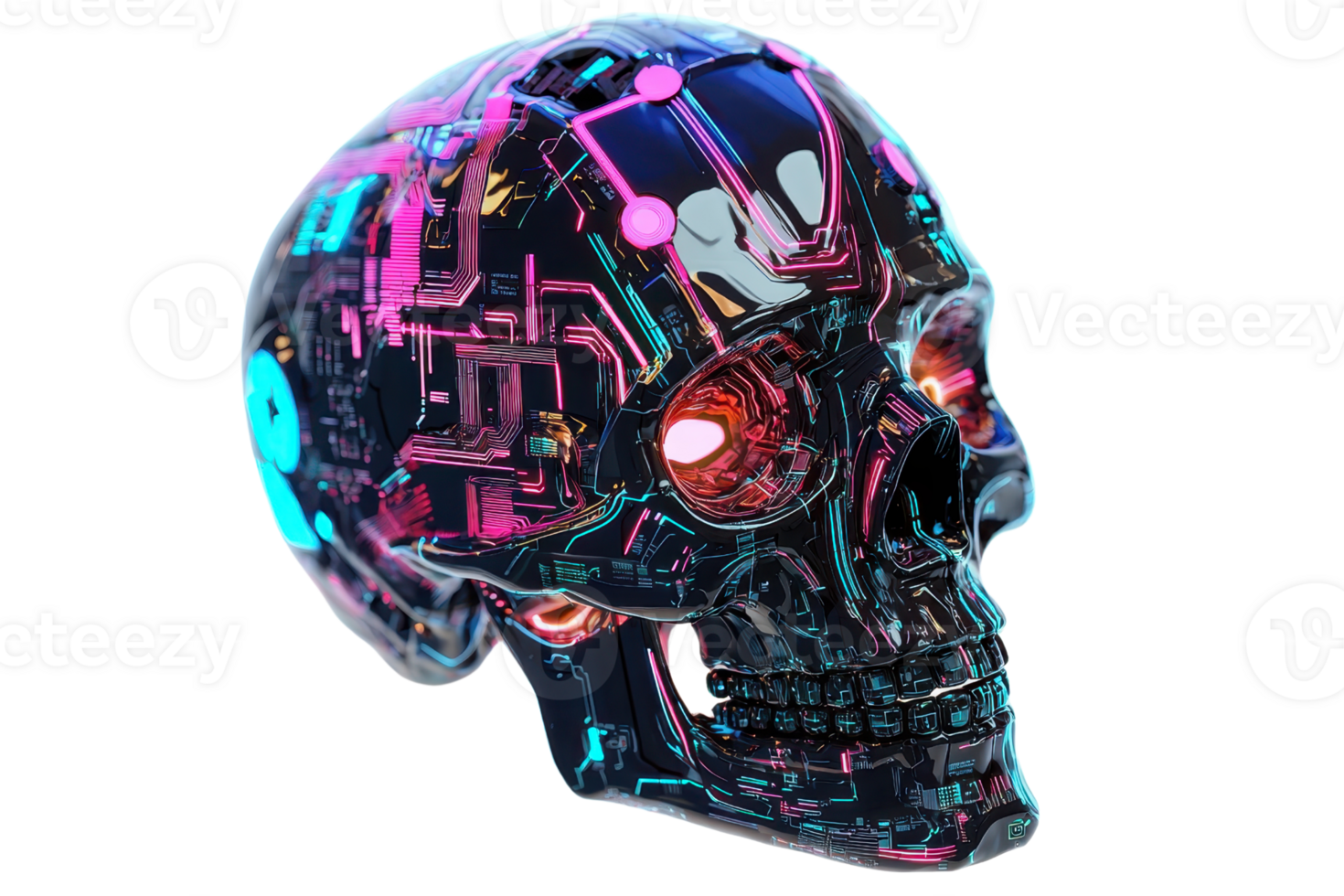Futuristic neon cyber skull with intricate circuit patterns and glowing elements, symbolizing technology and innovation in vibrant colors. png