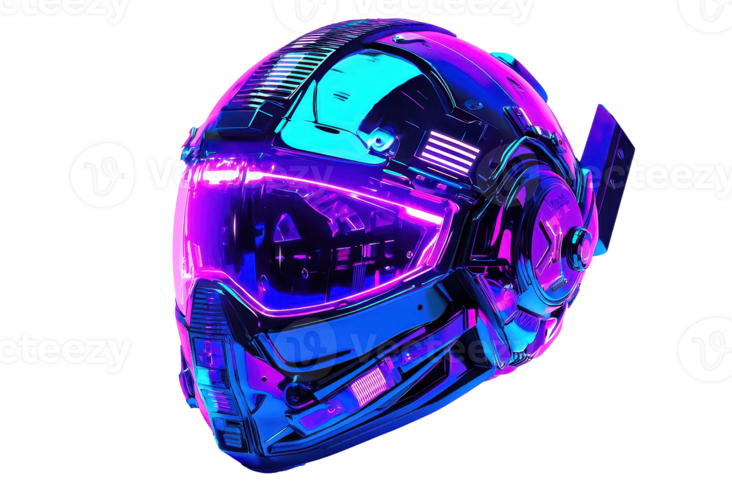 Futuristic neon helmet with intricate design, glowing in vibrant purple and blue tones, showcasing advanced technology and innovation. png