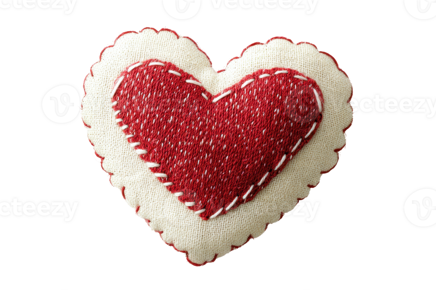 Handcrafted felt heart with red stitches on transparent background, symbolizing love, affection, and handmade creativity in a charming design. png