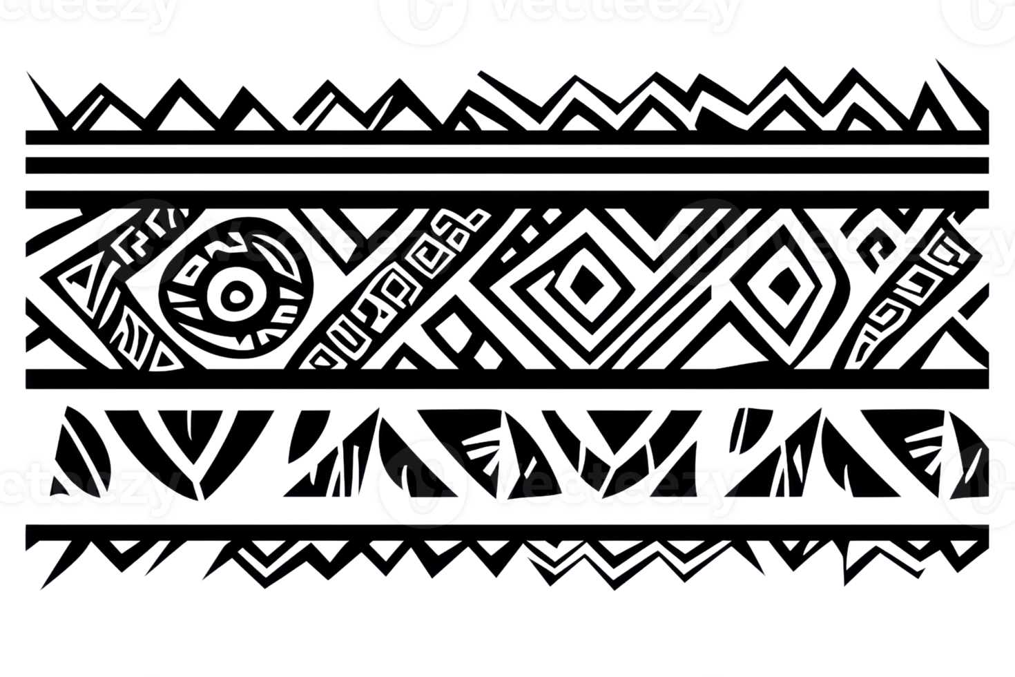 Intricate Polynesian tribal tattoo design featuring geometric patterns and symmetrical lines, ideal for art, culture, and fashion projects. png