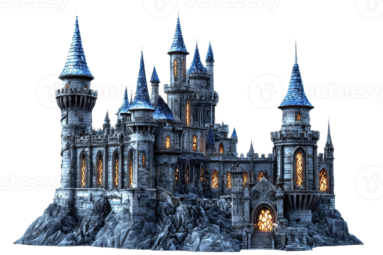 Majestic medieval castle illuminated at night, showcasing gothic architecture with towering spires and a mystical ambiance. png